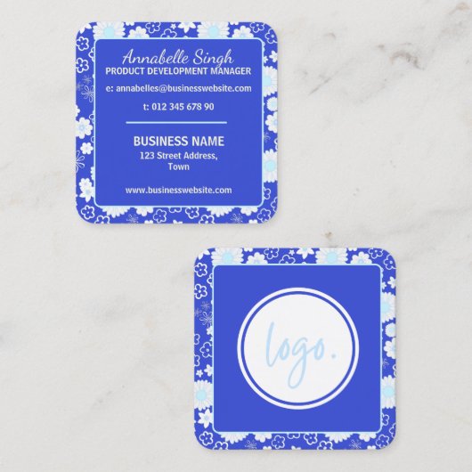 花柄フラワーズブルービジネスカンパニーロゴ スクエア名刺 (正面/裏面)