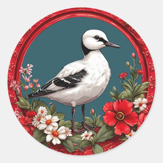 花柄フレームのカラフルな鳥 ラウンドシール (正面)