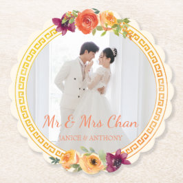 花柄フレームの夫婦写真 ベージュの結婚式 ミスターアンドミセス ペーパーコースター