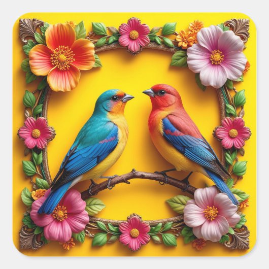 🐦 花柄フレームの小鳥 カラフルな自然芸術 🐦 スクエアシール (正面)