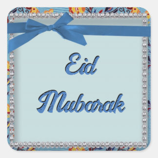 花柄ブルーのスクラップブックスタイルのEid Mubarakステッカー スクエアシール