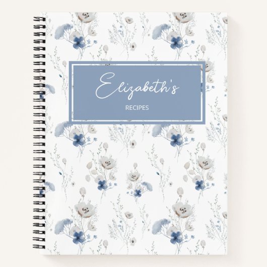 花柄ブルーのワイルドフラワー パーソナライズド レシピ ノートブック (正面)