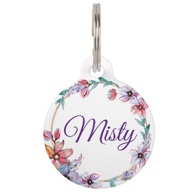 花柄ボーダー丸型ペットタグ ペット　ネームタグ (正面)