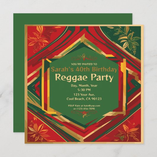 花柄ラスタカラーカスタマイズ可能なレゲエパーティー 招待状 (正面/裏面)