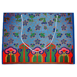 花柄中国の抱き枕フローラブルーピンク ラージペーパーバッグ