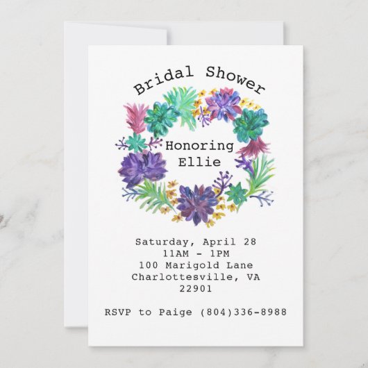 花柄及び水気が多いリースのブライダルシャワーの招待 招待状 (正面)