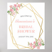 花柄幾何学デザインのウェルカムサイン(ブッシュピンクの結婚式前祝賀会) ポスター (正面)