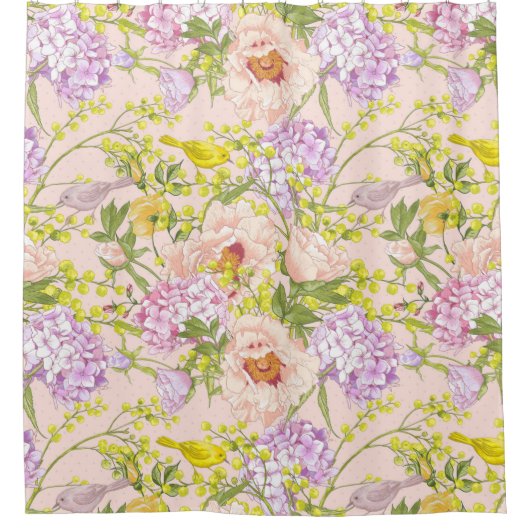 花柄牡丹ミモサアジサイバラ鳥 シャワーカーテン (正面)