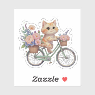 花柄自転車に乗ったかわいい猫のステッカー シール