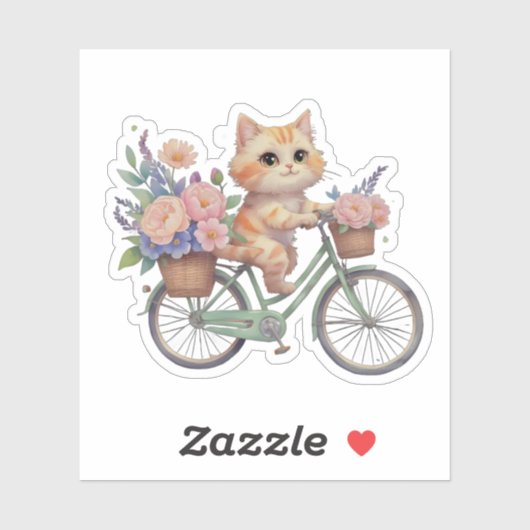 花柄自転車に乗ったかわいい猫のステッカー シール (シート)