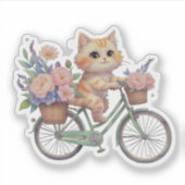 花柄自転車に乗ったかわいい猫のステッカー シール (正面)
