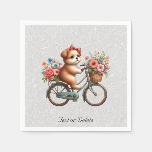 花柄自転車の子犬のナプキン スタンダードカクテルナプキン (正面)