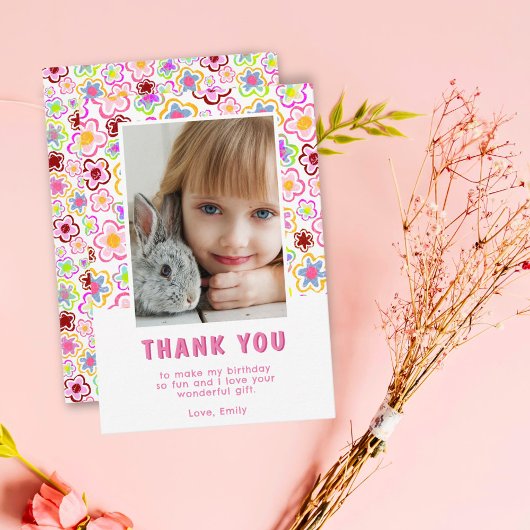 花柄誕生日子供女の子の写真 サンキューカード