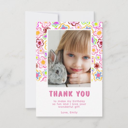 花柄誕生日子供女の子写真 サンキューカード (正面)