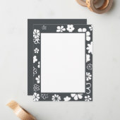 花柄開花と蝶グレー ノートカード (正面/裏面インサイチュ)