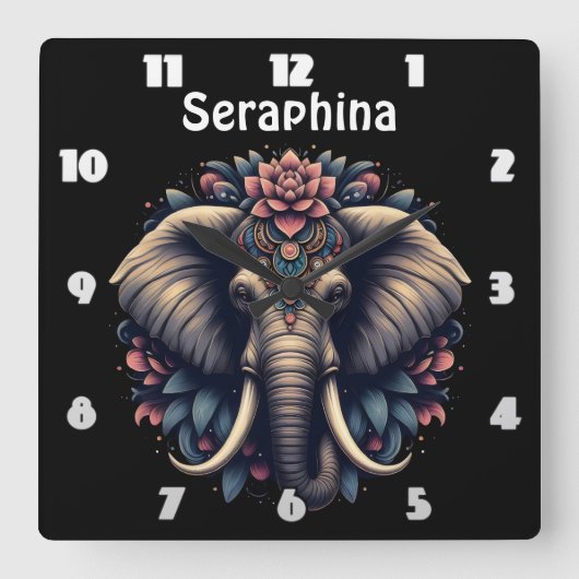 花柄鮮やかの象 スクエア壁時計 (正面)