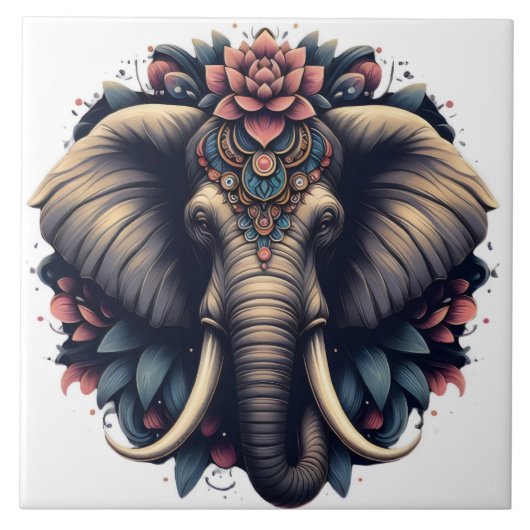 花柄鮮やかの象 タイル (正面)