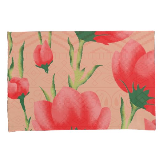 花柄鮮やかの赤い織物デザイン 枕カバー (正面右)