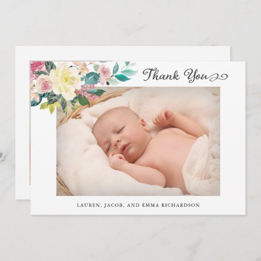 花柄2の写真のベビーの誕生の発表は感謝していしています サンキューカード (正面/裏面)