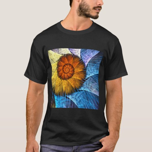 花柄 オレンジ 黄色 青 アブストラクトアート Tシャツ (正面)