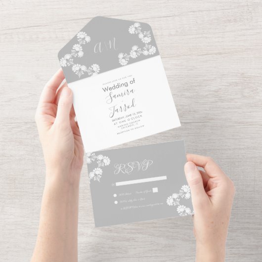 花柄 グレー ホワイト ウェディング オールインワン招待状 (貼ってはがせる)