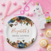 花柄 ネイビーブルー ラスト ブラウン ブライダルシャワー ウェルカム ペーパープレート (パーティー)