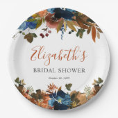 花柄 ネイビーブルー ラスト ブラウン ブライダルシャワー ウェルカム ペーパープレート (正面)