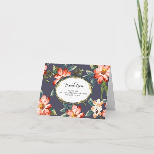 花柄 ネイビー ゴールド 結婚式 お礼 サンキューカード (正面)