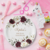 花柄 バーガンディー 白 緑 ゴールド ブライダルシャワー ペーパープレート (パーティー)