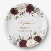 花柄 バーガンディー 白 緑 ゴールド ブライダルシャワー ペーパープレート (正面)