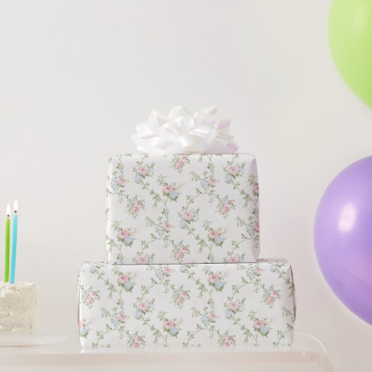 花柄 パステル ピンク 青 誕生日 シャワー 結婚式 ラッピングペーパー (パーティーギフト)