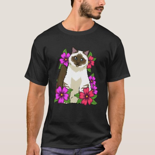 花柄 ビルマン 猫 女性 女子 ギャル 猫 Tシャツ (正面)