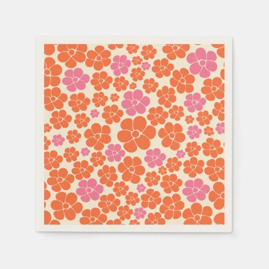 花柄 – ピンク、オレンジ、クリーム スタンダードカクテルナプキン (正面)