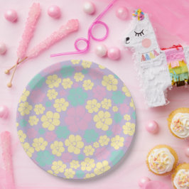 花柄 – ピンク、黄、紫、緑 ペーパープレート