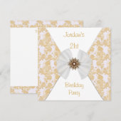 花柄 ブラウン ゴールド ホワイト リボン 21歳の誕生日パーティー 招待状 (正面/裏面)