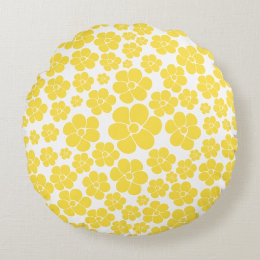 花柄 – レモンイエローとホワイト ラウンドクッション (正面)