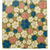 花柄 – 青、オリーブ緑、ピンク、クリーム シャワーカーテン (正面)