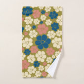 花柄 – 青、オリーブ緑、ピンク、クリーム バスタオルセット (ハンドタオル)