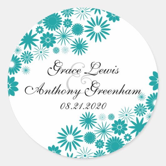 花模様かわいらしティール（緑がかった色）シール ラウンドシール (正面)