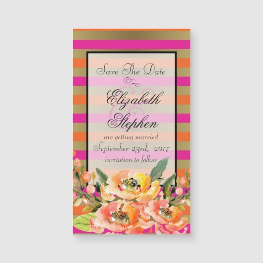 花模様のピンクと金ゴールドストライプ日付を保存 (正面)