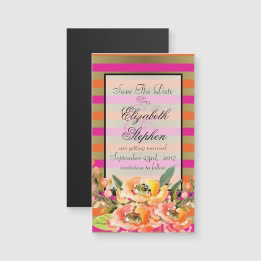 花模様のピンクと金ゴールドストライプ日付を保存 (正面/裏面)