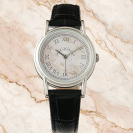 花模様のピンクの人工大理石時計(婦人用) 腕時計