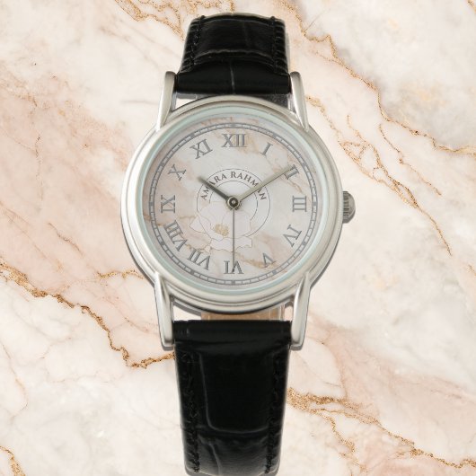 花模様のピンクの人工大理石時計（婦人用） 腕時計