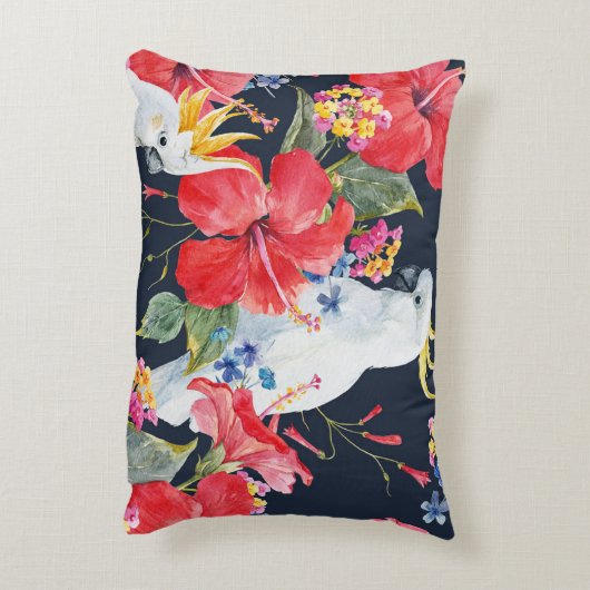 花模様の鳥の花の葉赤いハイビスカス アクセントクッション (裏面(縦))