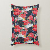 花模様の鳥の花の葉赤いハイビスカス アクセントクッション (正面(垂直))