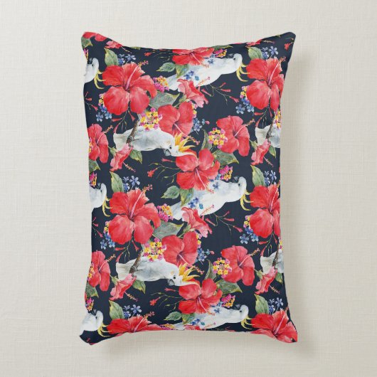 花模様の鳥の花の葉赤いハイビスカス アクセントクッション (正面(垂直))