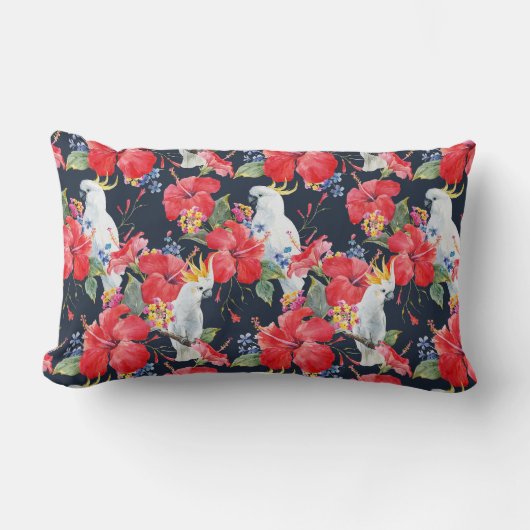 花模様の鳥の花の葉赤いハイビスカス ランバークッション (正面)
