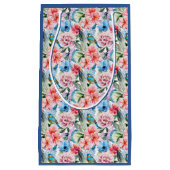 花模様の鳥の葉の花グリーンブルー スモールペーパーバッグ (正面)