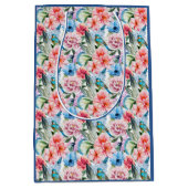 花模様の鳥の葉の花グリーンブルー ミディアムペーパーバッグ (正面)