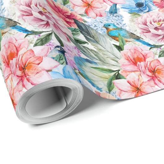 花模様の鳥の葉の花グリーンブルー ラッピングペーパー (ロールコーナー)